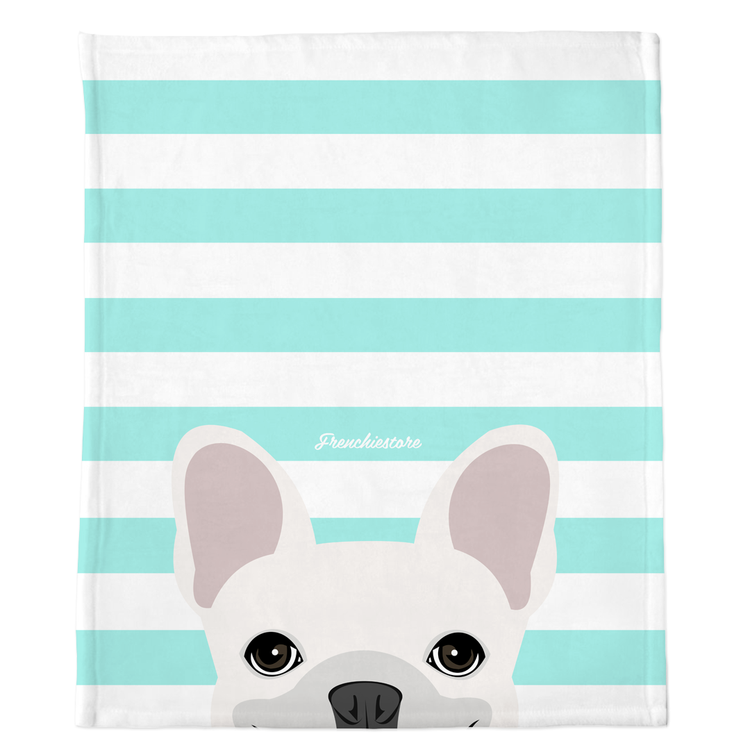 White French Bulldog on Aqua Stripes | Frenchie Blanket, Frenchie Dog, French Bulldog pet products