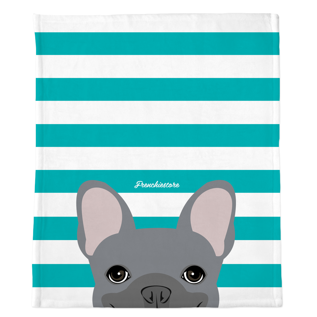 Blue French Bulldog on Teal Stripes | Frenchie Blanket, Frenchie Dog, French Bulldog pet products